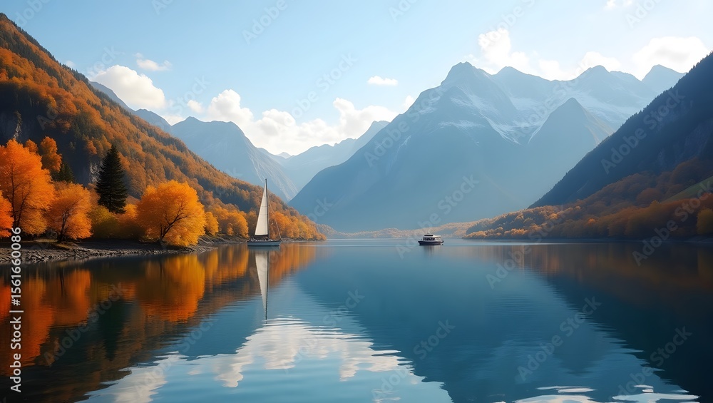 Fototapeta premium Autumn Mountain Reflections with Sailboat on Calm Water