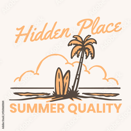 Vintage Tropical Hidden Place Beach Scene with Surfboards and Palm Tree