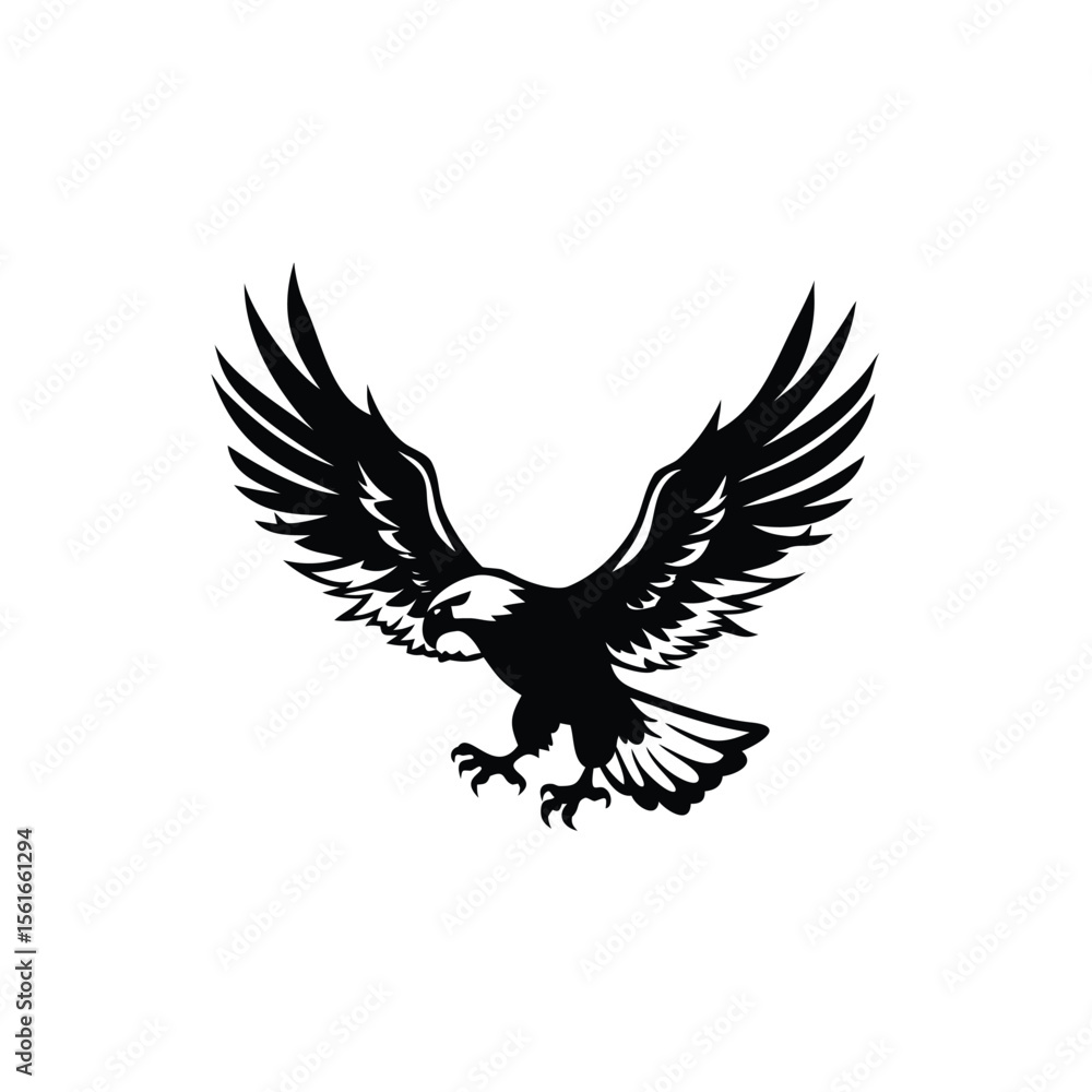 Fototapeta premium Striking black eagle silhouette in flight, ideal for logos, tattoos, or wildlife art. Bold, dynamic design with powerful wings