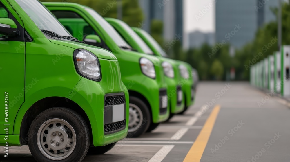 Fototapeta premium Eco-Friendly Green Hydrogen Vehicles in Urban City Center with Clean Energy Infrastructure - Copy Space Available for Text