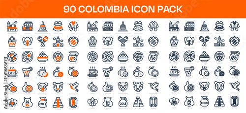 90 Colombia Icons in 3 Styles (Line, Solid, Two-Tone), Featuring Colombian Peso, El Dorado, Capybara, and More – Vector Illustrations