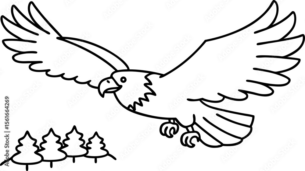 Obraz premium Soaring eagle in flight above evergreen forest majestic bird with outstretched wings, nature wildlife illustration