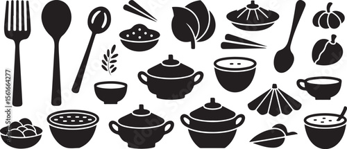 Minimalist black silhouette of mulligatawny soup bowl with curry broth and rice
