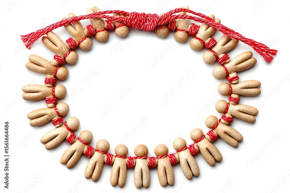 Obraz premium Small, light-brown figures, linked by red string, form a necklace