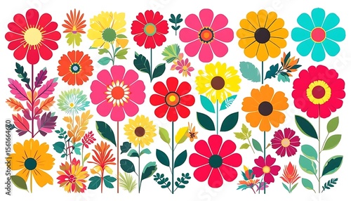 Wallpaper Mural Vibrant vector illustration of various stylized flowers in full bloom with playful shapes and bright colors. Perfect for kids' art, stationery, spring designs, or decorative backgrounds. Torontodigital.ca