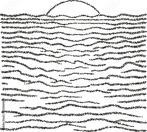 Minimalist sunrise over water with wavy black lines, simple hand drawn ink sea and sun illustration