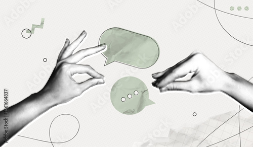 Trendy Halftone Collage Hands show Blah Blah gestures. Social media communication. Speech bubble messages. Discussion and conversation. Paper texture. Contemporary vector illustration art