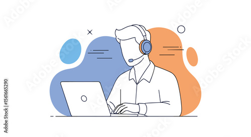 Professional customer service representative wearing headphones and working diligently on a laptop computer with a friendly and helpful demeanor providing excellent support
