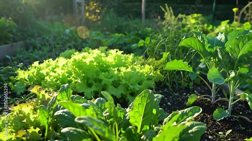 Garden bed with lettuce spinach  young cabbage plants in sunlight