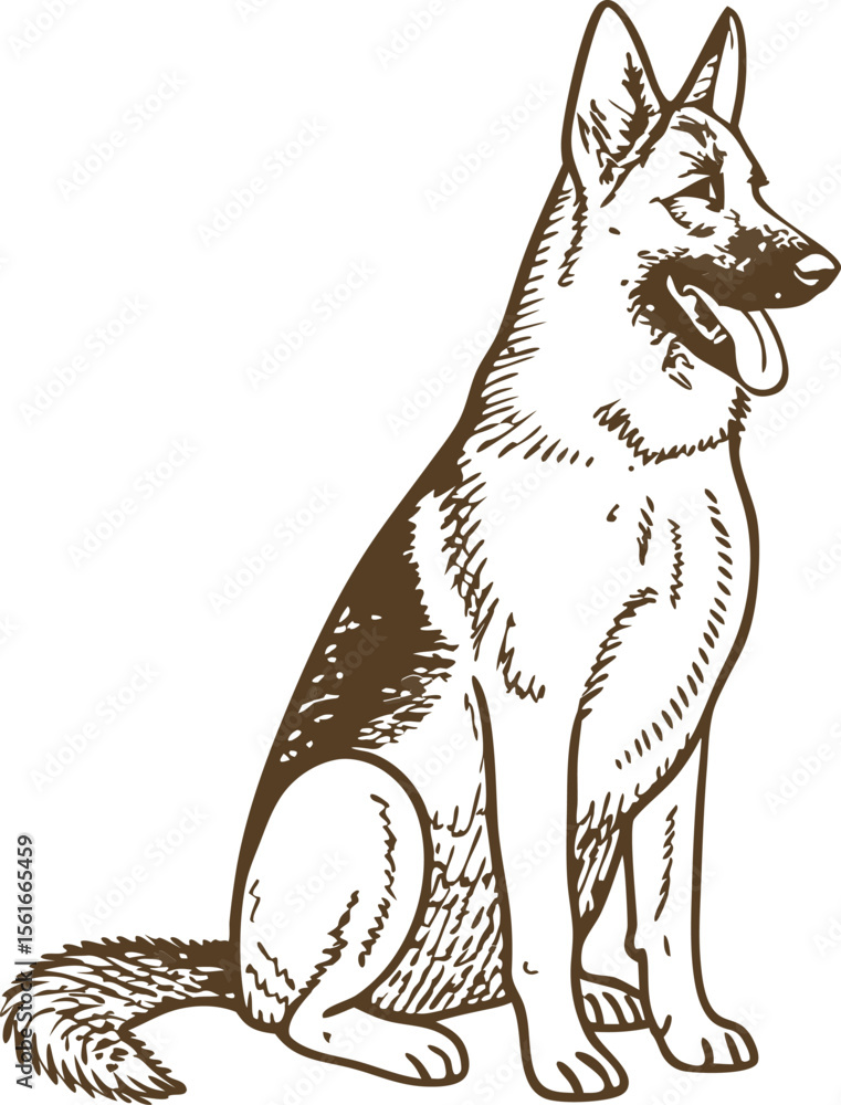 Fototapeta premium German shepherd dog illustration sitting loyal canine animal, outline pet drawing, attentive companion breed