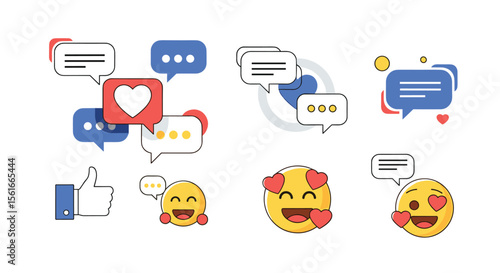 Visual Representation of Social Media Communication and Online Engagement with Chat Bubbles Emojis and Likes
