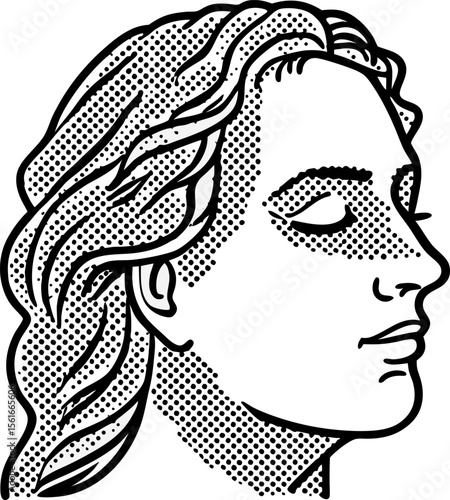 Classical female face side profile with dotted vintage engraving effect elegant ancient sculpture inspired illustration
