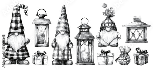 Gnome decorations with lanterns and gifts in monochrome style  