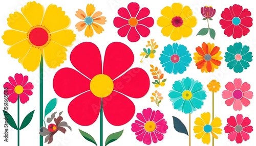 Wallpaper Mural Vibrant vector illustration of various stylized flowers in full bloom with playful shapes and bright colors. Perfect for kids' art, stationery, spring designs, or decorative backgrounds. Torontodigital.ca