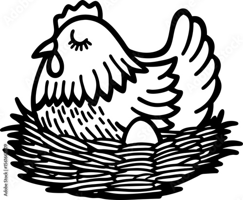 Hen sitting on nest with egg farm bird illustration, animal drawing, rural agriculture concept, line art