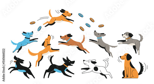 A Lively Pack of Dogs Enjoying a Fun Day Playing with Discs in the Air Creating a Joyful Scene of Activity