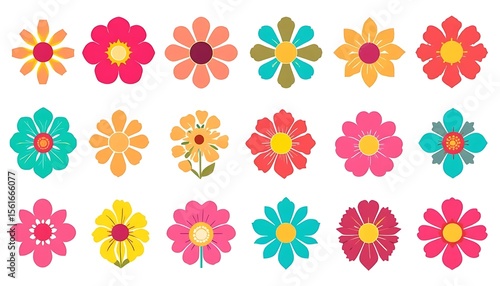 Wallpaper Mural Vibrant vector illustration of various stylized flowers in full bloom with playful shapes and bright colors. Perfect for kids' art, stationery, spring designs, or decorative backgrounds. Torontodigital.ca