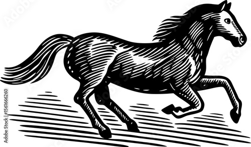 Galloping wild horse in vintage engraving fast animal movement, retro hand drawn black and white illustration