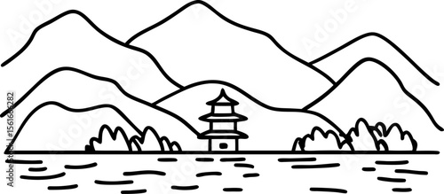 Pagoda at lakeside with mountain landscape tranquil line art, nature scenery, calm waters, peaceful environment