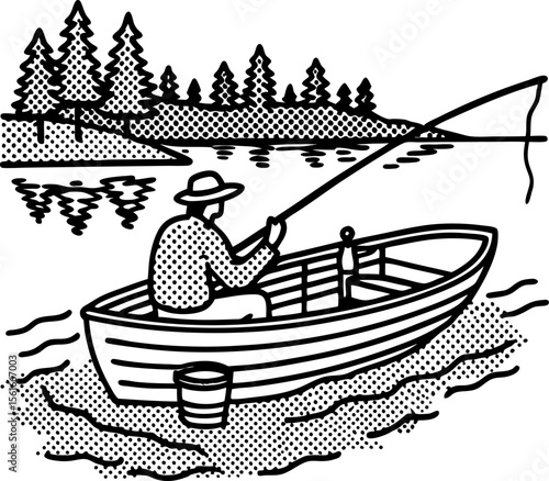 Man fishing alone in rowboat on calm lake, pine forest in background, peaceful outdoor recreation illustration