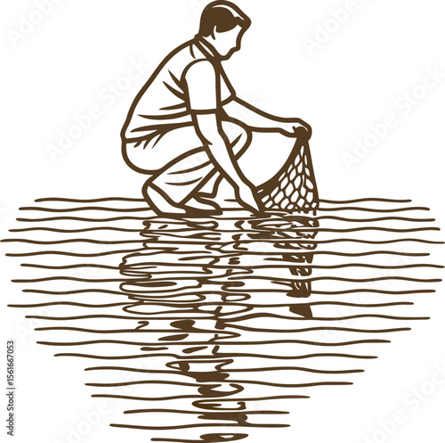 Man kneeling in shallow water with fishing net silhouette drawing, fisherman catching fish, riverside lifestyle concept