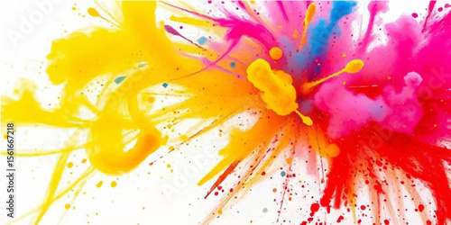 Abstract watercolor background with colorful paint splashes, floral designs, and ink blot textures