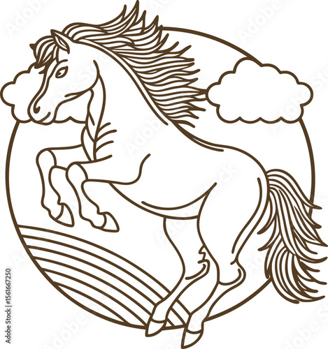 Wild horse illustration, rearing with flowing mane in nature scene energetic running animal, outline drawing