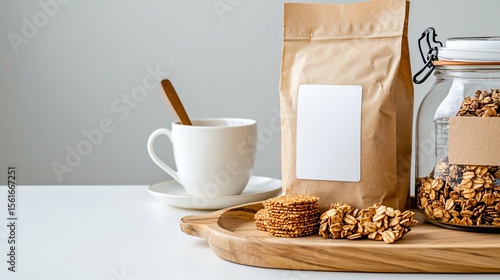 mockup of rectangle sticker label on transparent bag filled with granola, placed on natural tone wood tray, soft ambient light, front-facing clear view, blank branding zone