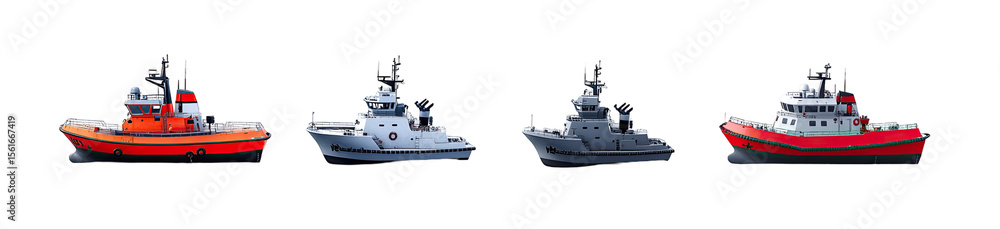 Fototapeta premium Three similar small motor boats in different colors