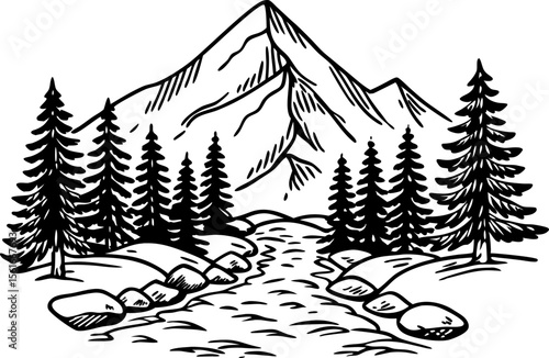 Mountain landscape with evergreen pine trees, flowing river and rocks in black and white hand drawn