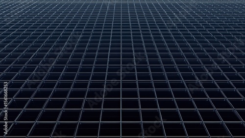 Surface pattern of dark metal grid structure with square shapes in perspective view for industrial background design, technology themes, architecture projects, modern minimalistic style, blue and bla