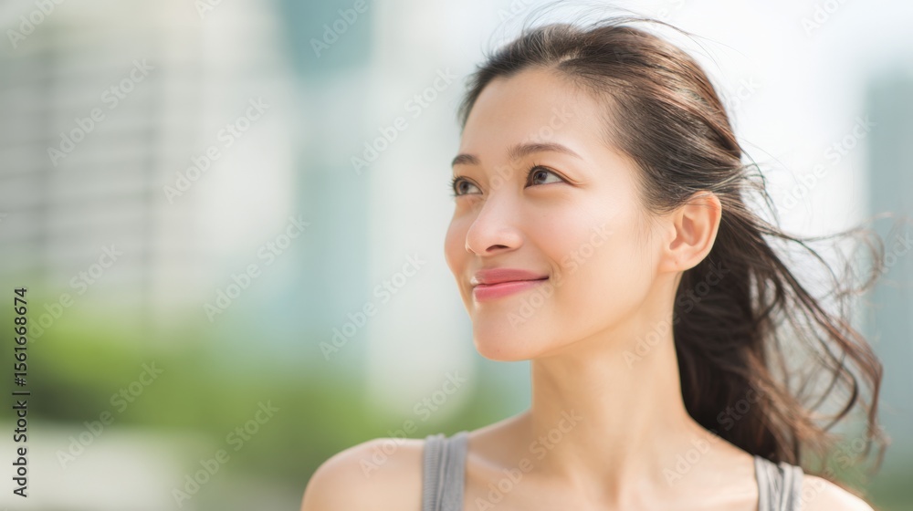 Young smiling woman with long hair looking away outdoors city background bright daylight. Young smiling woman with long hair looking away outdoors city background bright daylight.
