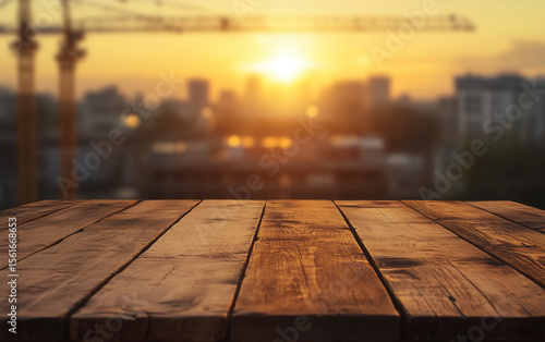 Wooden table with a cityscape and crane at sunset in the blurred background