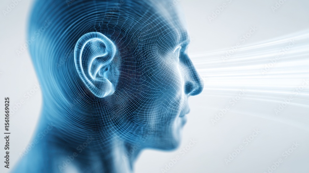 Obraz premium Digital futuristic human head profile with 3D wireframe and light effects visualization.