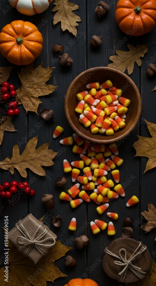 Fototapeta premium Autumn treats display on dark wood