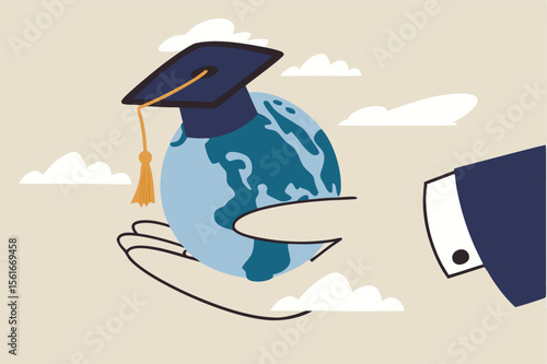  Study abroad world education curriculum, overseas school, college and university or international academic concept, success graduated student holding globe shape wearing academic mortarboard hat.