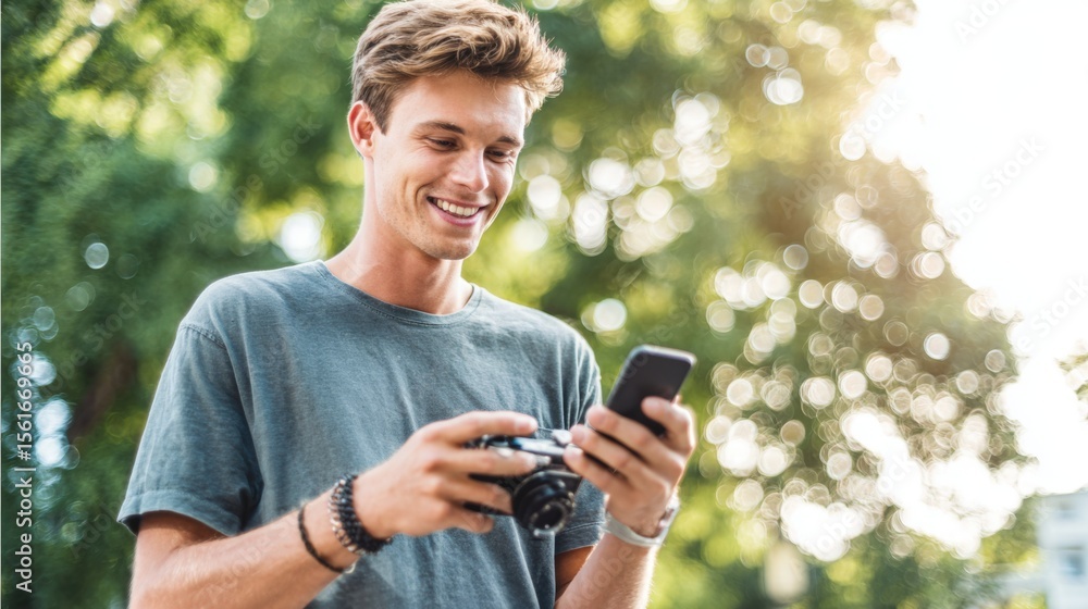 Young Man Using Smartphone Outdoors in Sunlit Park with Green Trees and Bokeh Lighting. Young Man Using Smartphone Outdoors in Sunlit Park with Green Trees and Bokeh Lighting.