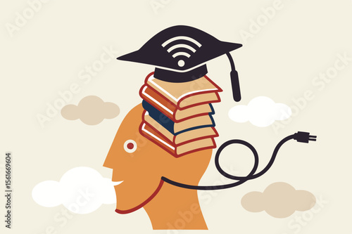 Online study, remote university or e-learning and internet teaching or online education concept, smart man with stacked of books insert into his brain with graduation hat with internet wifi signal.