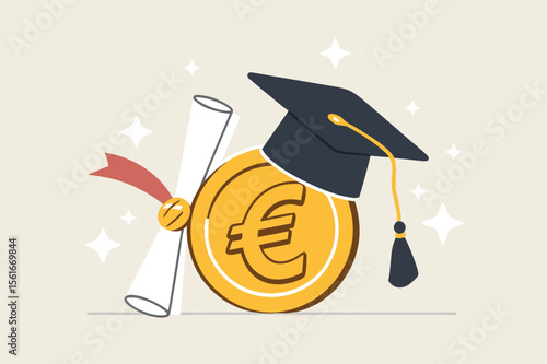  Education cost, tuition or scholarship, money for university or graduation, school expense or student debt, college diploma concept, Euro money coin with mortarboard graduation cap and certificate.