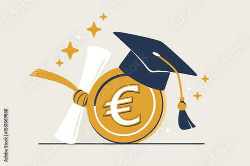  Education cost, tuition or scholarship, money for university or graduation, school expense or student debt, college diploma concept, Euro money coin with mortarboard graduation cap and certificate.