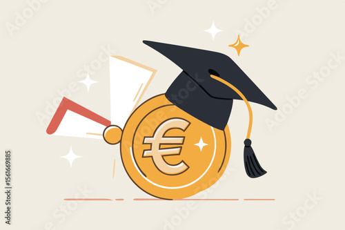  Education cost, tuition or scholarship, money for university or graduation, school expense or student debt, college diploma concept, Euro money coin with mortarboard graduation cap and certificate.