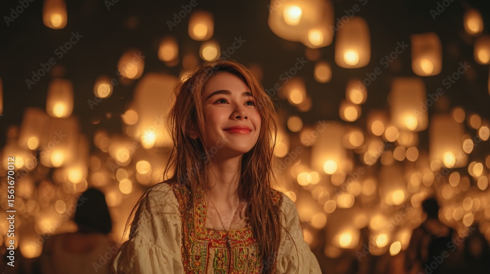 Woman with a joyful expression enjoying lantern festival at night with floating lights. Woman with a joyful expression enjoying lantern festival at night with floating lights.