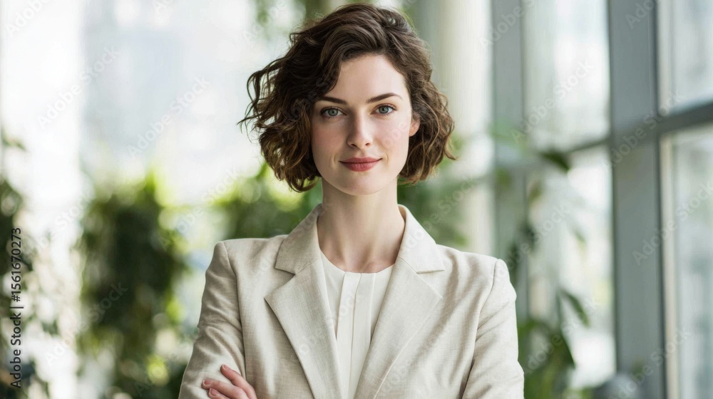 Fototapeta premium Professional young woman with curly hair in a light suit standing in bright modern office.