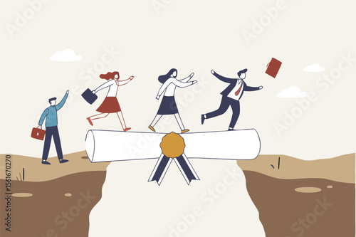 Education degree to help career growth businessman and woman use their education degrees as a bridge to overcome obstacles