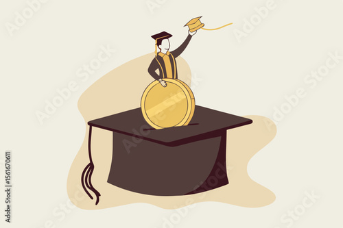 young woman with money coins into mortarboard saving box holding degree scroll, Education fund for college, study fee or training cost concept, savings for school or university tuition fee.
