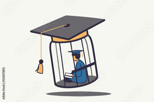 Student loan debt, expensive cost for education. Depressed confused graduated student in birdcage with graduation cap. Flat vector illustration