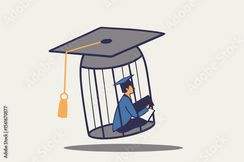 Student loan debt, expensive cost for education. Depressed confused graduated student in birdcage with graduation cap. Flat vector illustration
