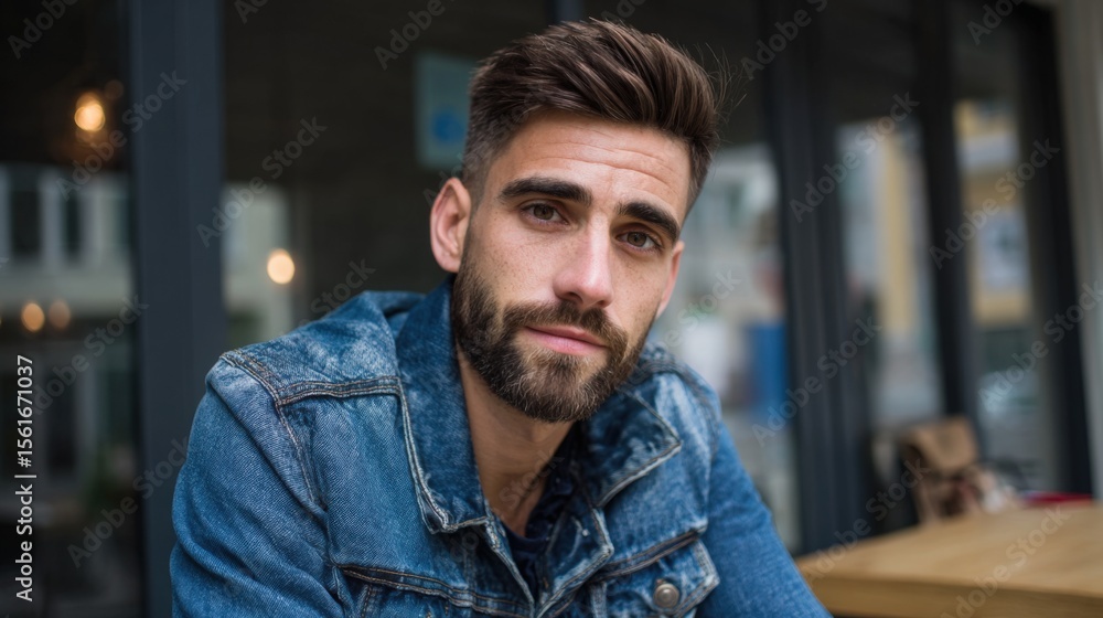 Obraz premium Close Up Portrait of a Stylish Young Man with Beard Wearing Denim Jacket in Urban Cafe Setting.