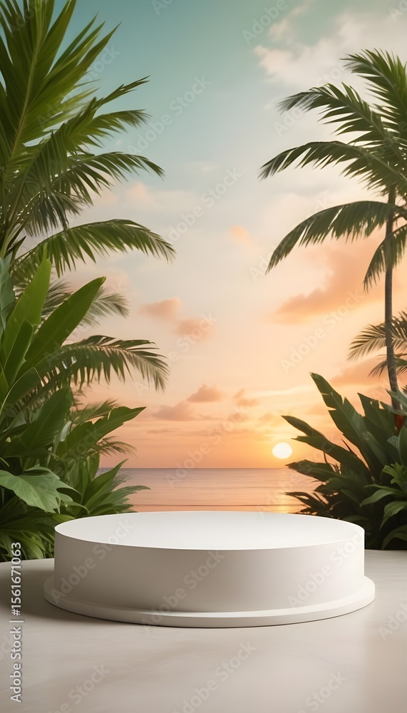 Tropical Sunset Display Pedestal with Palm Leaves and Ocean Horizon Tropical Sunset Display Pedestal with Palm Leaves and Ocean Horizon