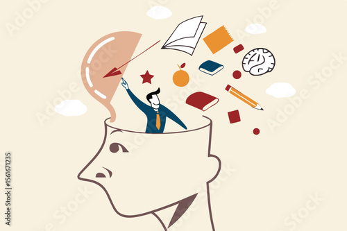 
Declutter your mind, clear your brain to regain focus improve creative thinking ability, free up memory concept, ambitious businessman declutter, clean and clear all messy anxiety from his big head.